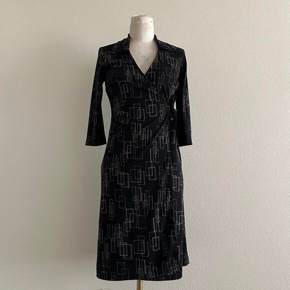Vintage La Belle black gold retro abstract 3/4 sleeve wrap midi dress size S - Picture 1 of 10